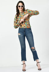 Waylene Multicolored Floral Top Styled with Distressed Jeans