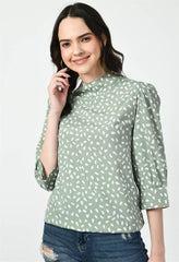 Waylene Pista Green High Neck Western Top with White Abstract Print, Front View