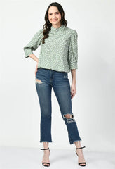 Waylene Pista Green High Neck Western Top Paired with Jeans, Full Outfit View
