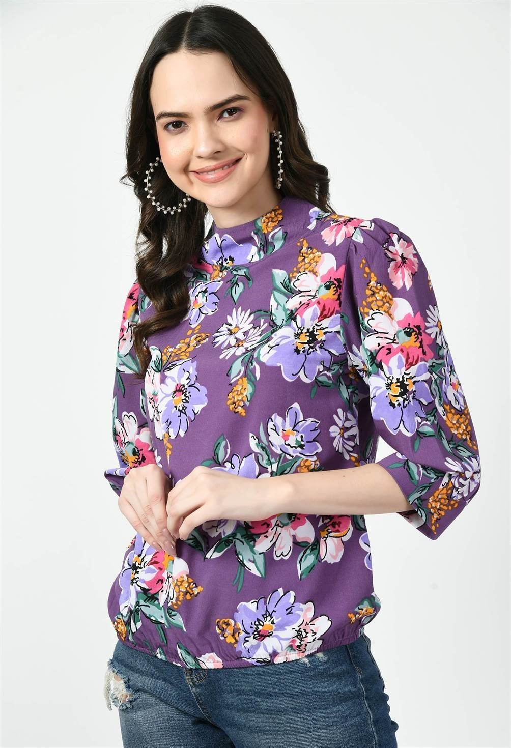 Waylene Purple Floral Western Top with High Neckline, Front View