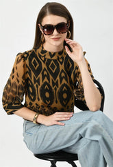 Waylene Peach High-Neck Geometric Print Western Top with Sunglasses