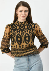 Waylene Peach High-Neck Geometric Print Western Top with Folded Arms