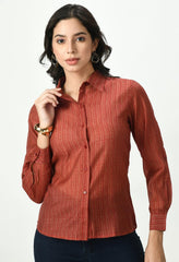 Waylene Striped Red Sheer Shirt with Button-Up Design and Long Sleeves