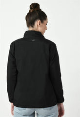 Rear view of Waylene's black waterproof jacket showing a clean, seamless design with a high collar and subtle logo near the neckline, modeled by a woman standing straight.