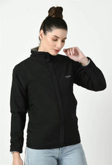 Waylene's black waterproof jacket modeled by a woman slightly turning her head, featuring a high collar and sleek design with a visible front zipper.