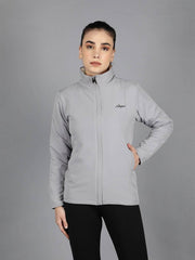 Waylene's women's grey waterproof jacket featuring a high collar, front zipper, and a confident model posing with her hand on her hip.