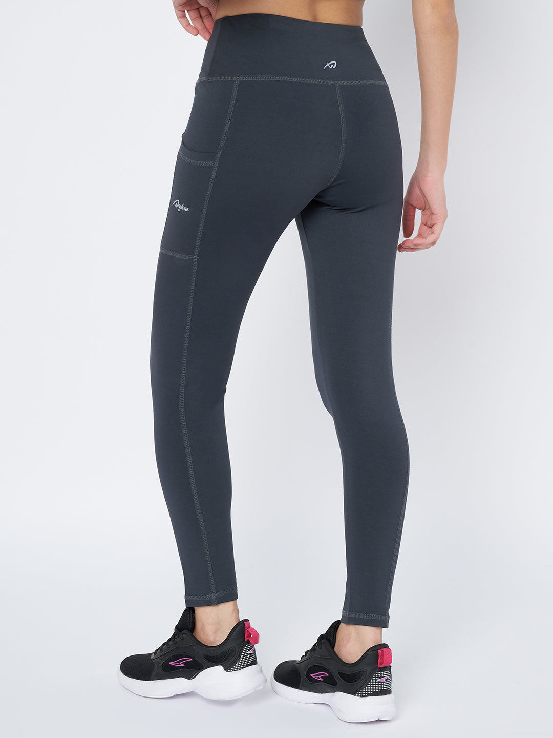 Waylene Dark Grey High-Rise Leggings back view, highlighting contouring seams.