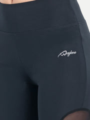 close fabric view of Waylene navy blue high-waisted sports capris with mesh panels.