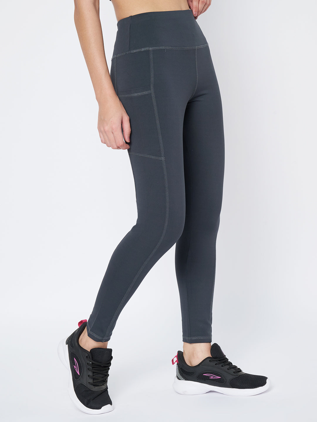 Waylene Dark Grey Leggings with high-rise fit and sleek design, side view.