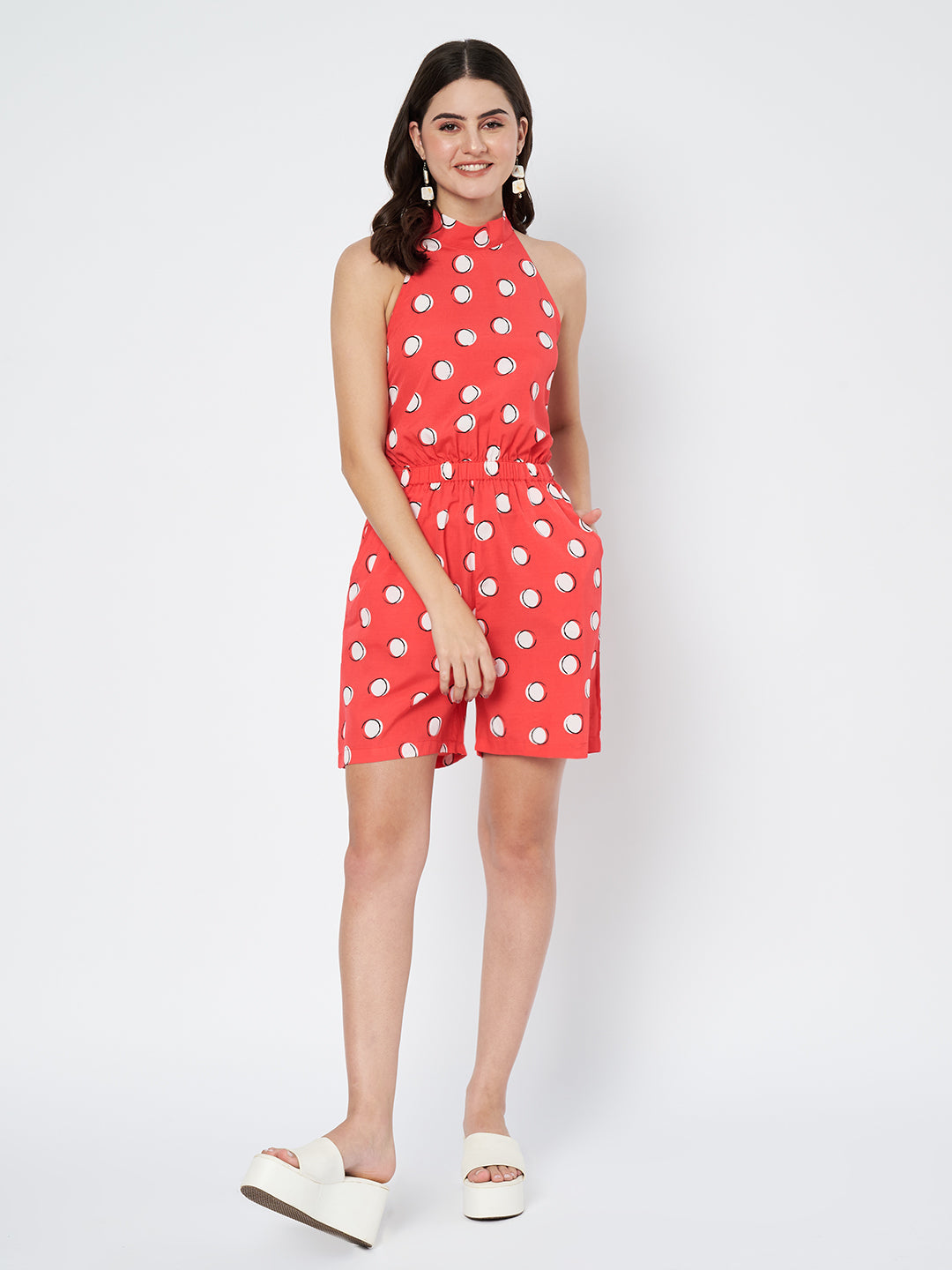 Waylene Red Polka Dot Jumpsuit Full View with Casual Fit and White Sandals