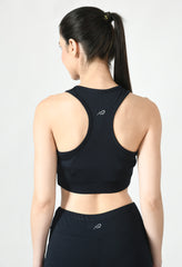 Fitness model showcasing the comfortable fit and support of Waylene's black sports bra back view