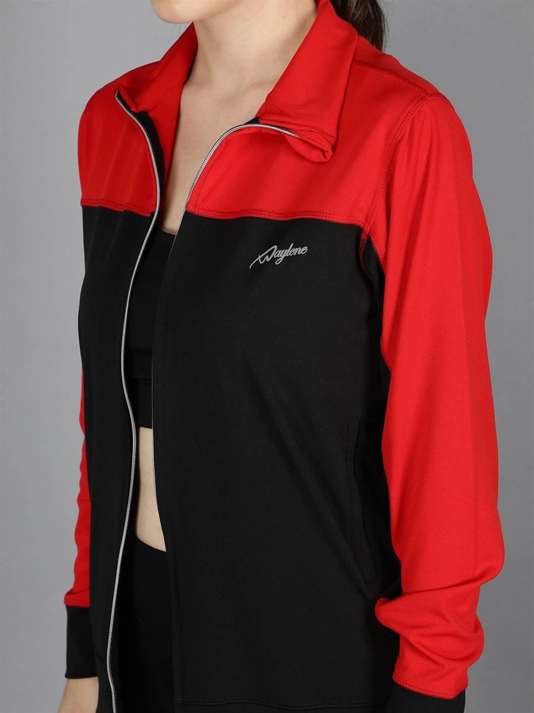 Waylene Red and Black Color Sweatshirt, close-up of fabric texture and logo detail.