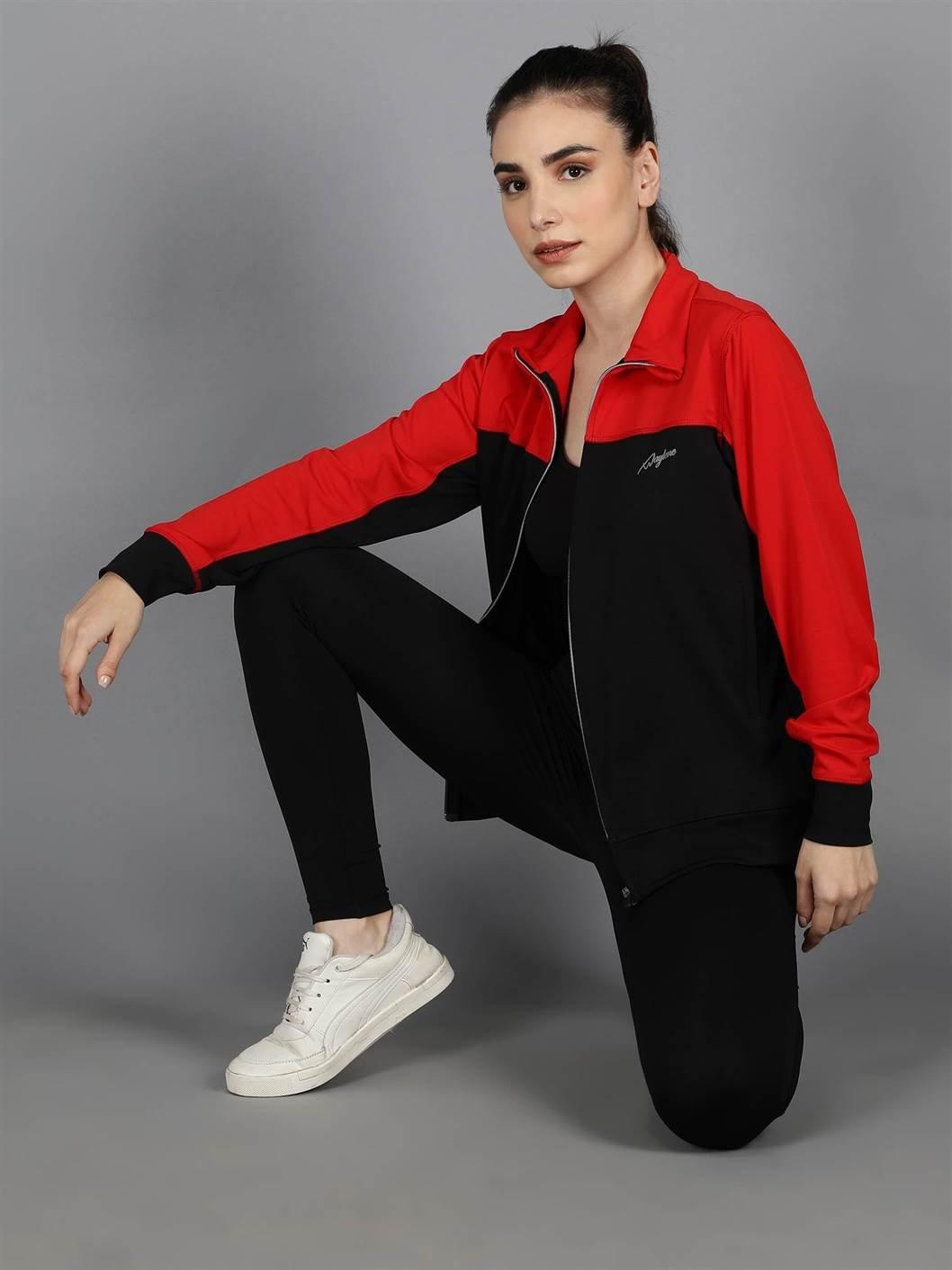 Waylene Red and Black Color Sweatshirt, casual pose showing versatility.