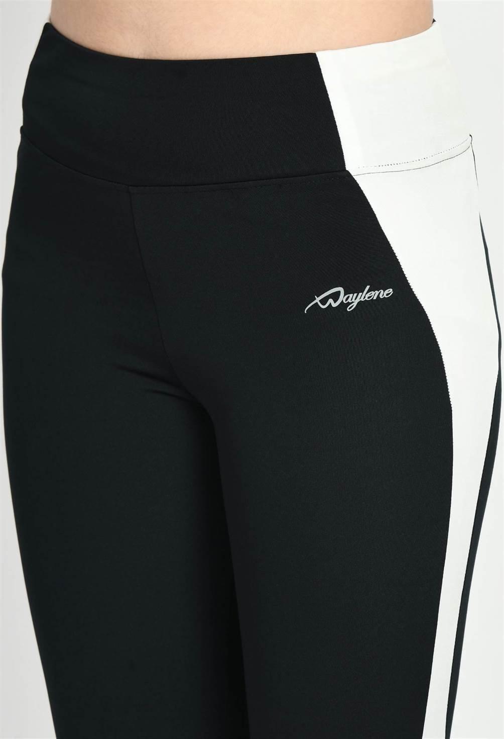 Waylene Color Block Black Tights, Close-Up of Waistband and Logo