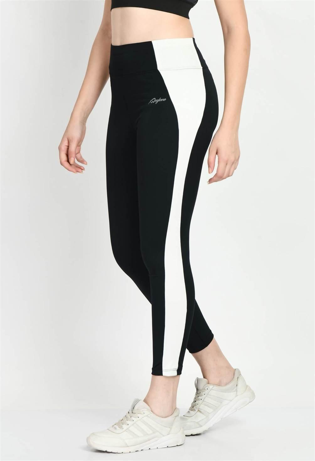 Waylene Color Block Black Tights with White Side Panels, Side View