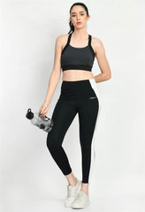 Waylene Color Block Black Tights, Model Holding Water Bottle, Full Front View