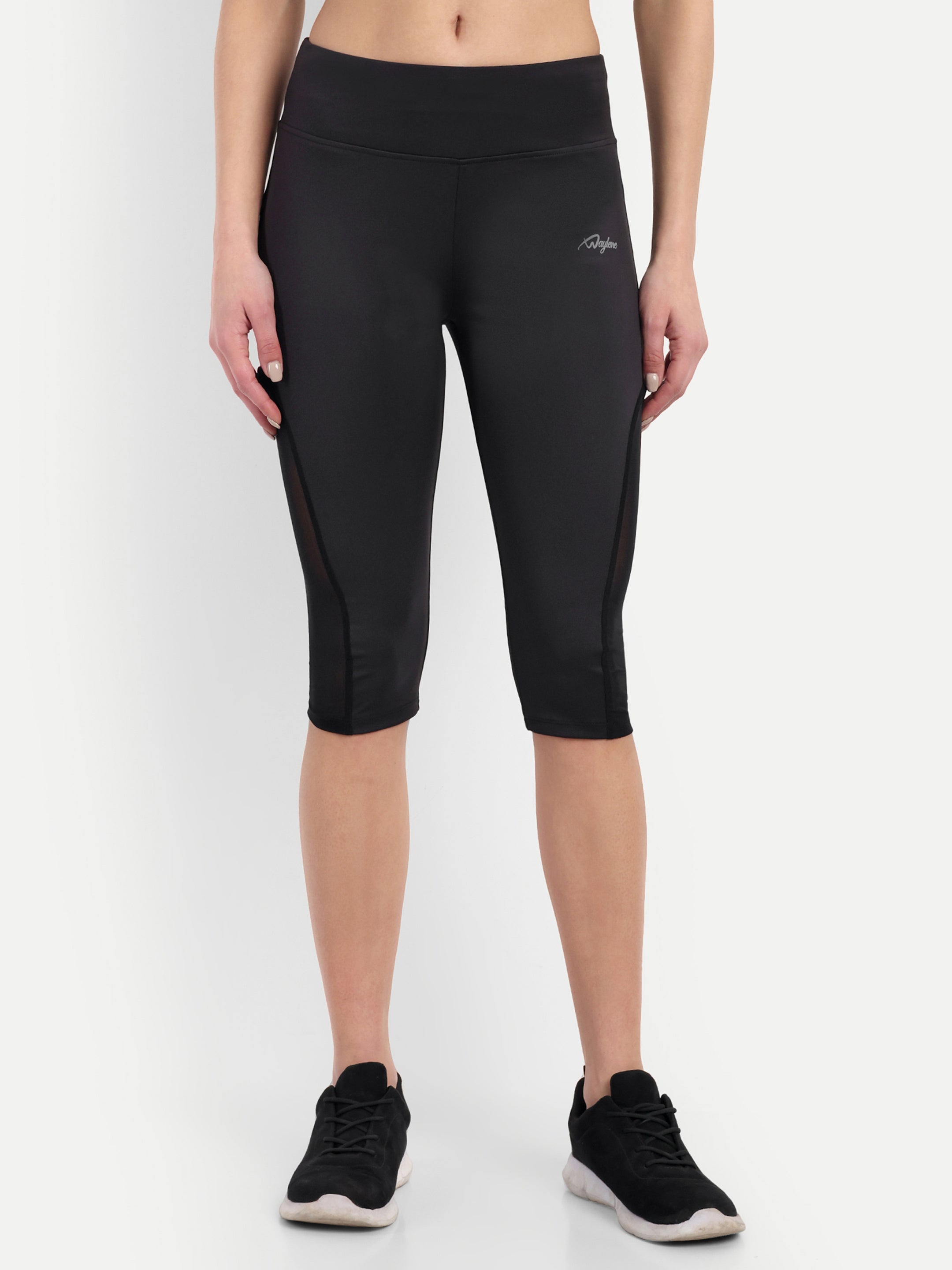 Women sports capri tights black - front view -Waylene