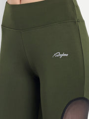 Waylene olive green high-waisted sports capris with mesh panels fabric view