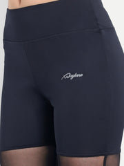 Woman wearing  Waylene navy blue high-waisted capri leggings with rounded mesh panels – fabric view