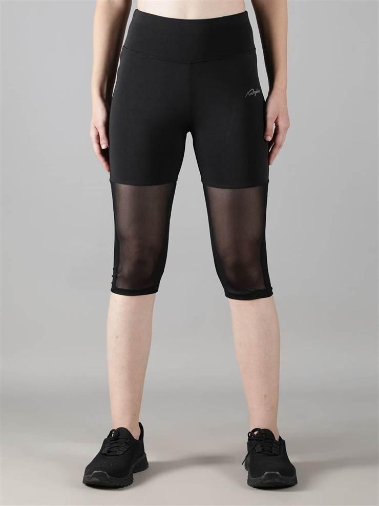 Waylene Women's Black High-Waisted Capri Leggings with Rounded Mesh Front View
