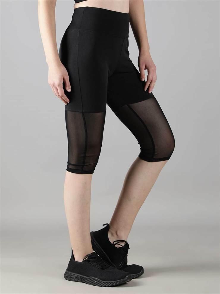 Waylene Women's Black High-Waisted Capri Leggings with Rounded Mesh Front Side View