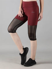 Waylene Women's Maroon High-Waisted Capri Leggings with Rounded Mesh Side View