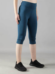 Waylene Women's Teal High-Waisted Plain Sports Capris, angled side view emphasizing stretchy fabric