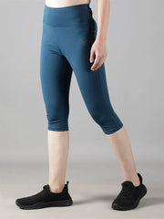 Waylene Women's Teal High-Waisted Plain Sports Capris, side view showing high-waist and cropped length