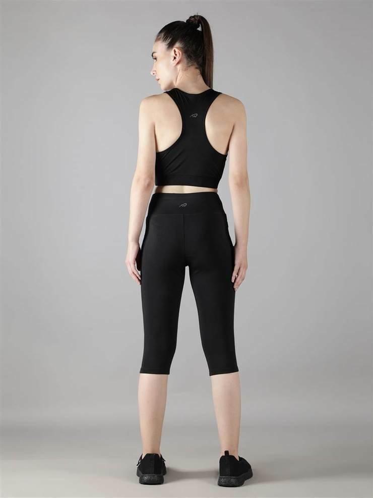 Waylene Black Skinny Fit Capri Tights, full back view with matching crop top, ideal for yoga.