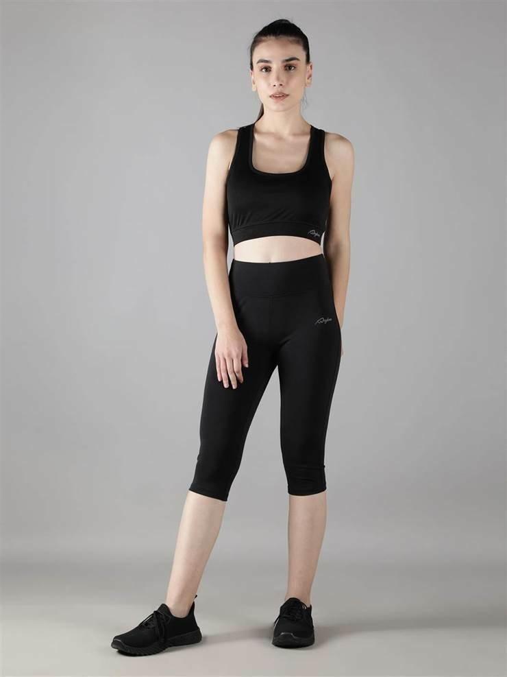 Waylene Black Skinny Fit Capri Tights, full front view with matching crop top, perfect for gym workouts.