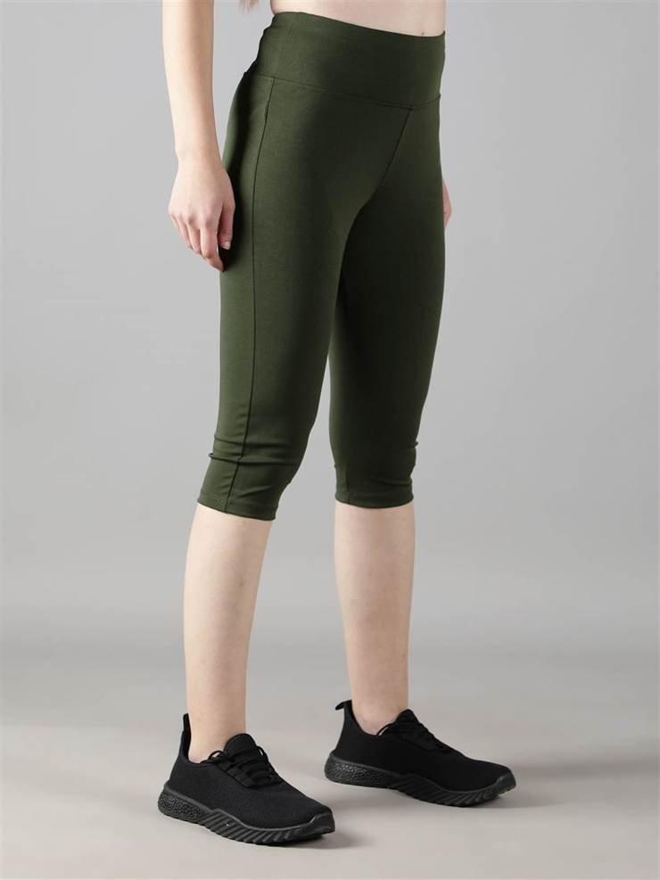 Waylene Olive Green Capri Tights, Side Angle Showing Fit and Fabric