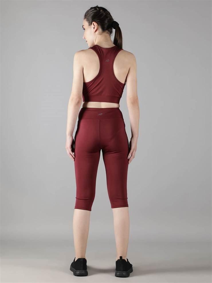 Waylene Wine Capri Tights with matching sports bra, back view