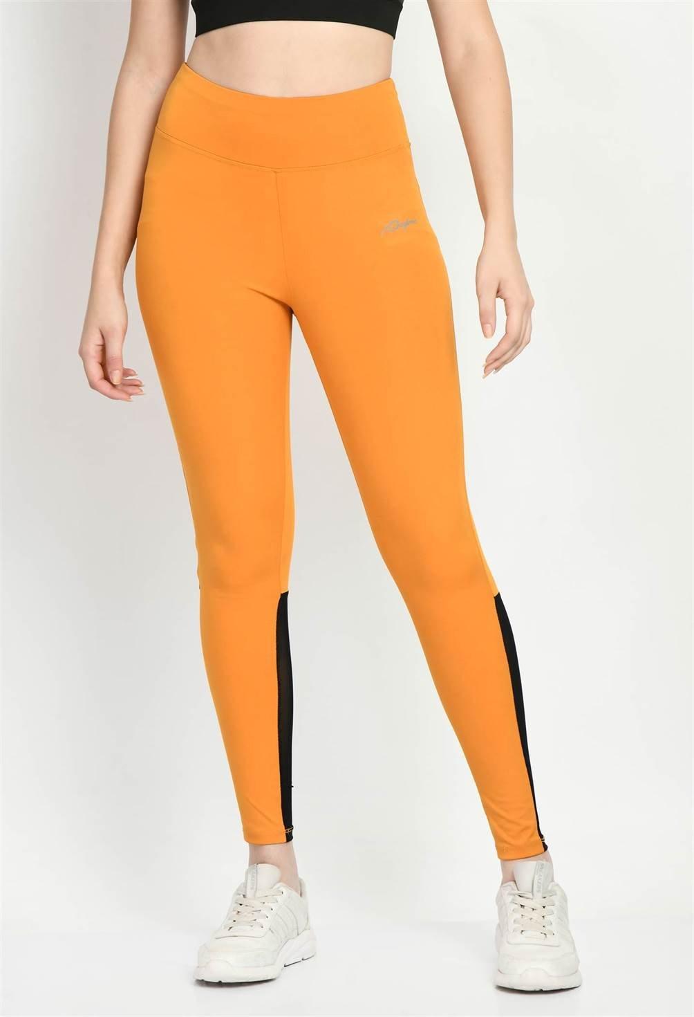 Waylene Mustard High-Waist Tights with Black Mesh Panels from Back