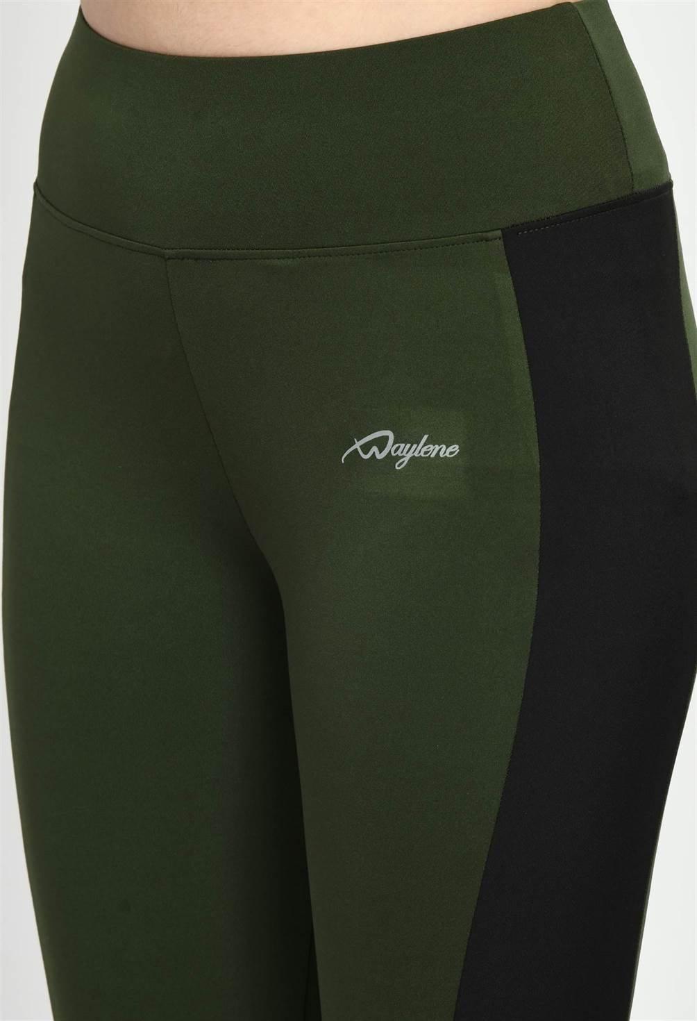 Close-up of Waylene Olive Green Tights with Logo and Black Side Panels