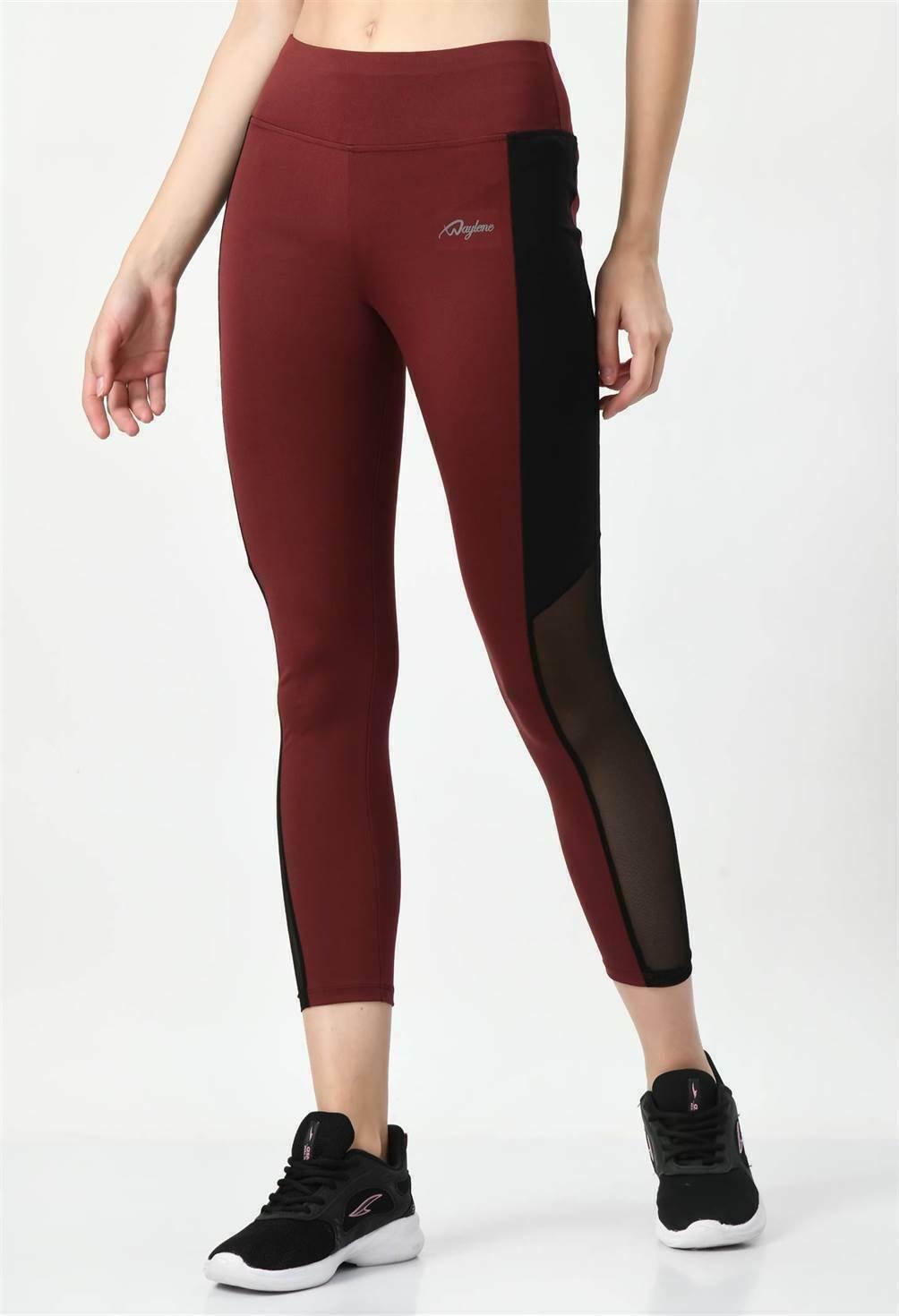Waylene Sports Wear Color Block Wine Tights front angled view with mesh detailing.