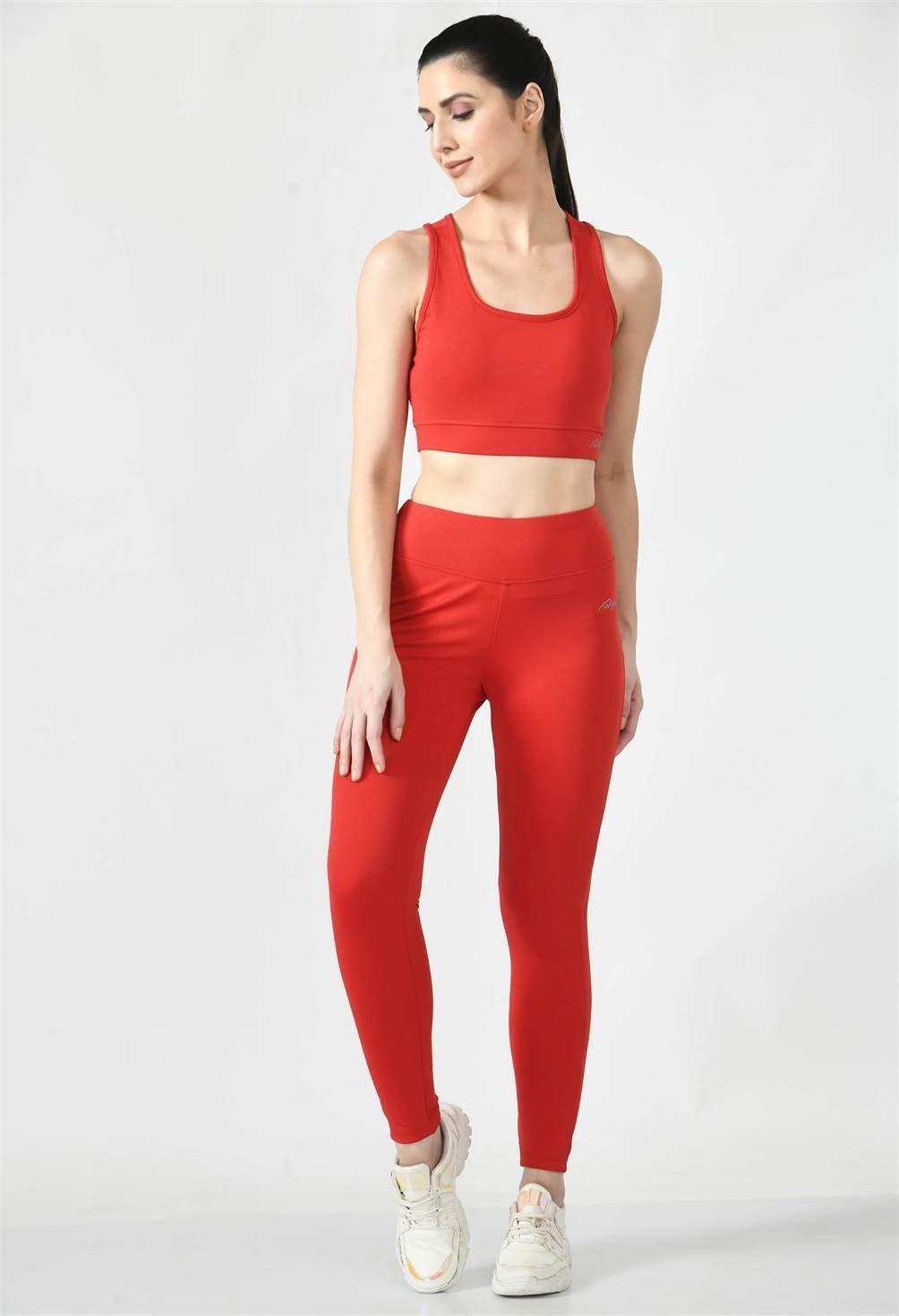 Waylene red high-waisted yoga leggings with matching top front view.