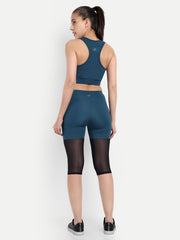 Waylene Teal Blue Racerback Sports Bra and Mesh Panel Shorts Back View