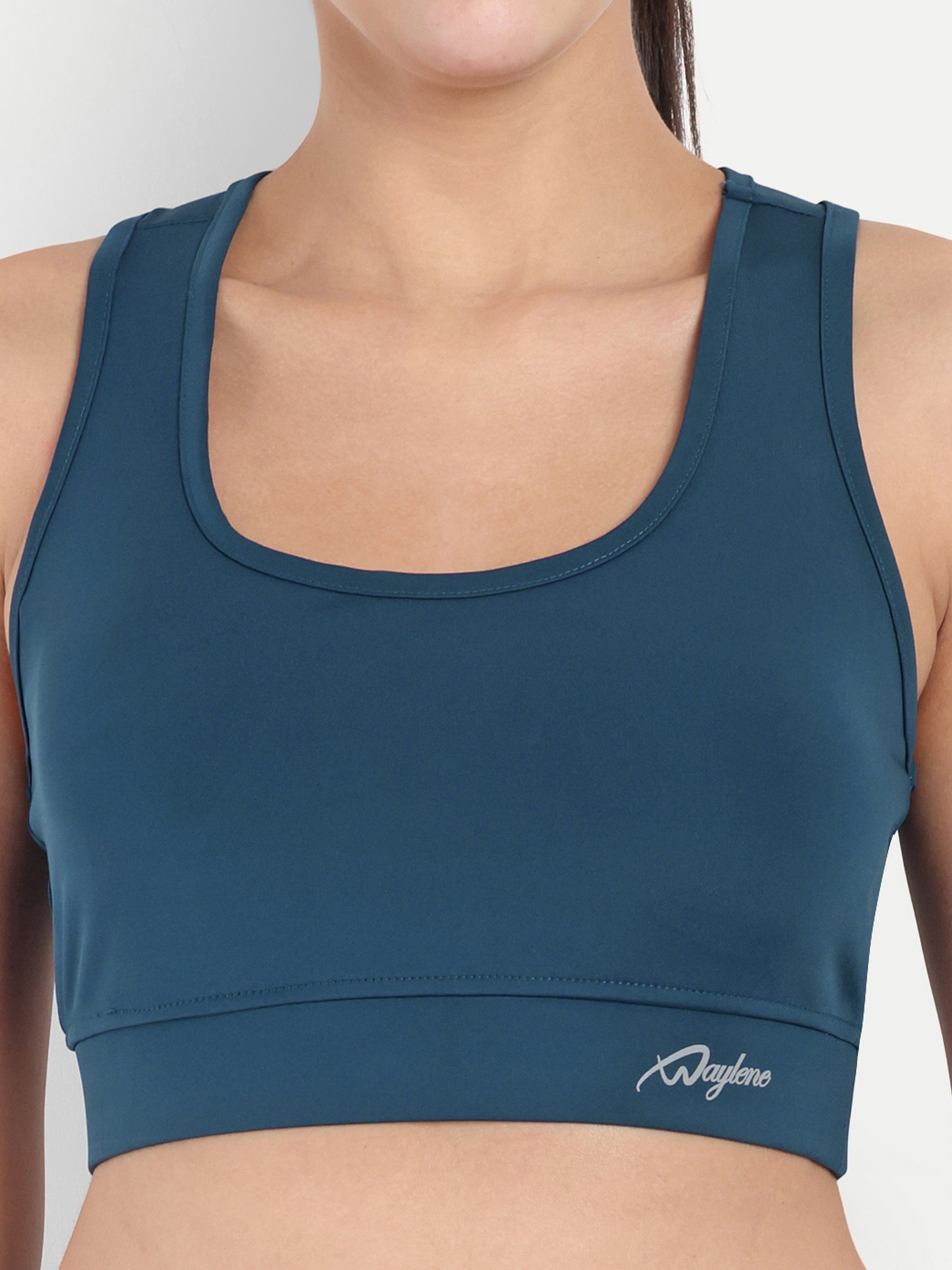 Waylene Teal Blue Sports Bra Close-Up with Logo