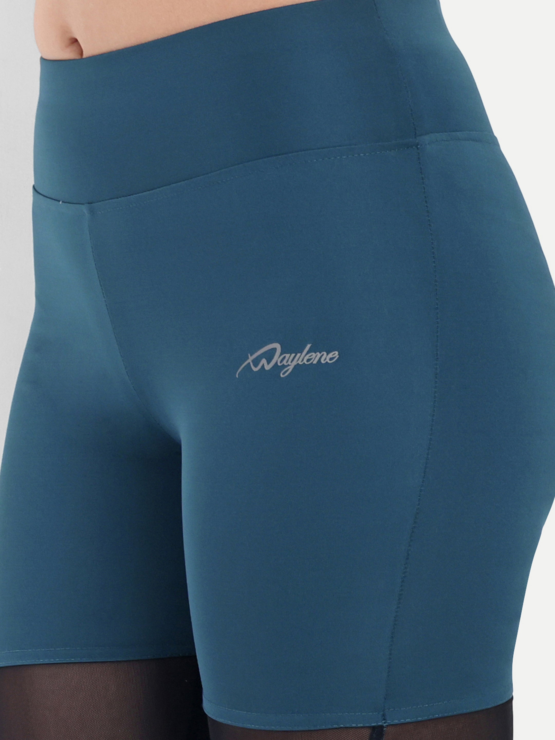 Waylene Teal Blue High-Waisted Shorts Close-Up with Logo