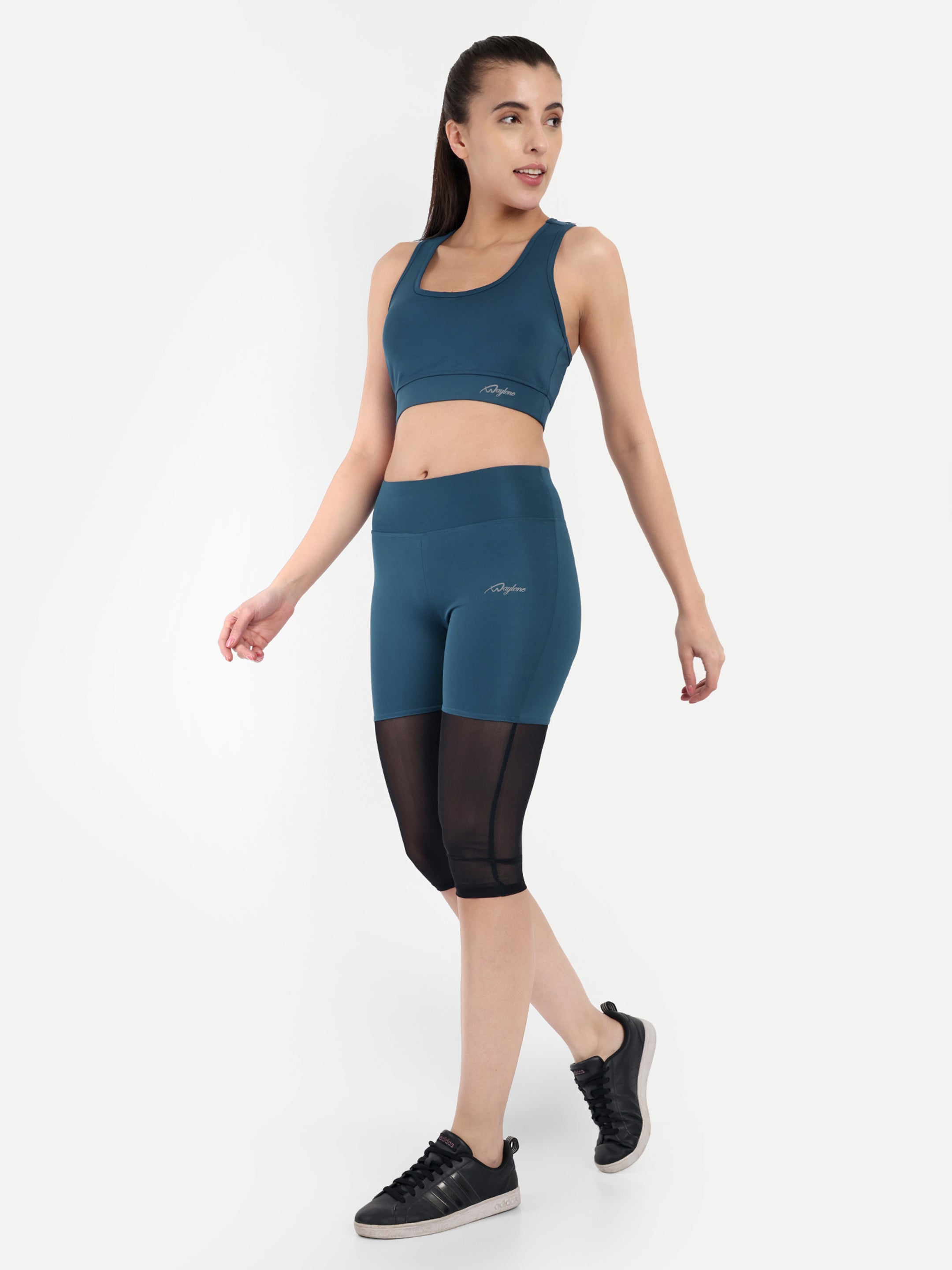 Women Track Suit Set Of Capri Tights and Sports Bra (Teal Blue) - Waylene