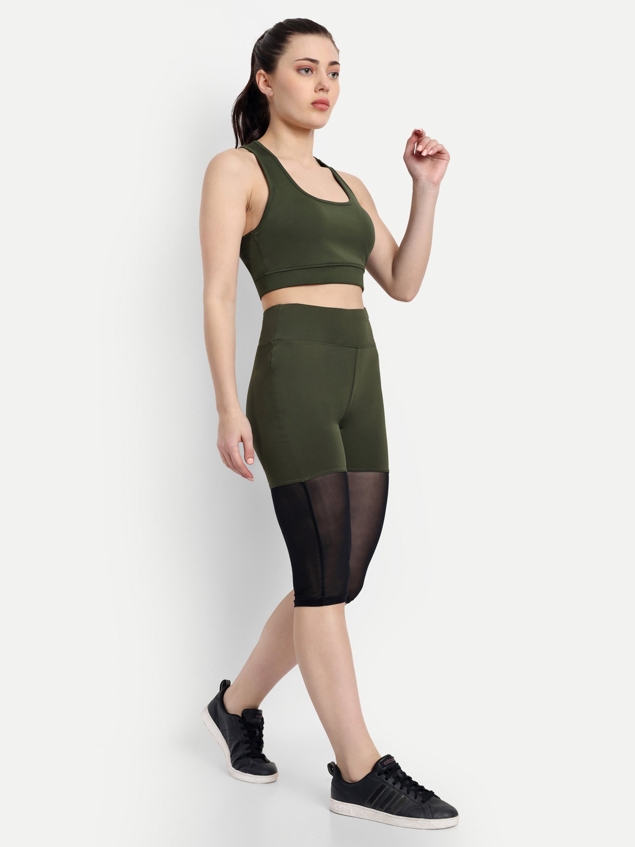 Women Track Suit Set Of Capri Tights and Sports Bra (Olive Green) - Waylene