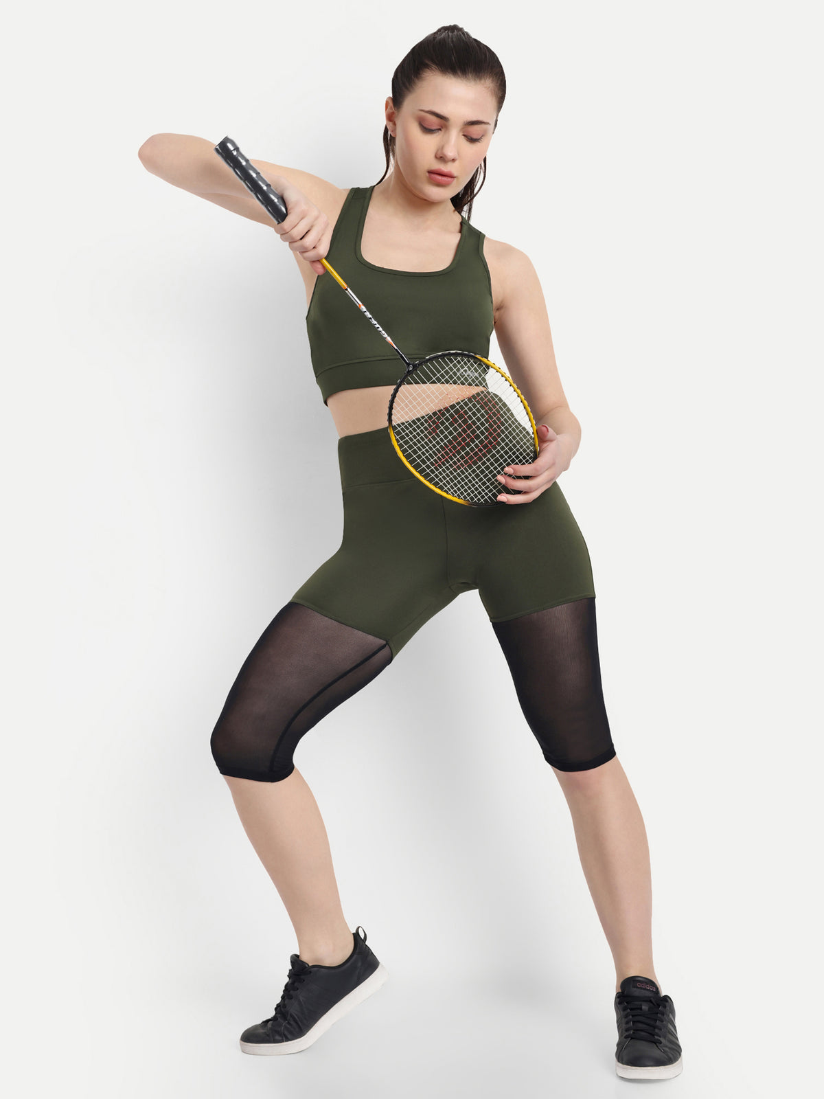 Women Track Suit Set Of Capri Tights and Sports Bra (Olive Green) - Waylene