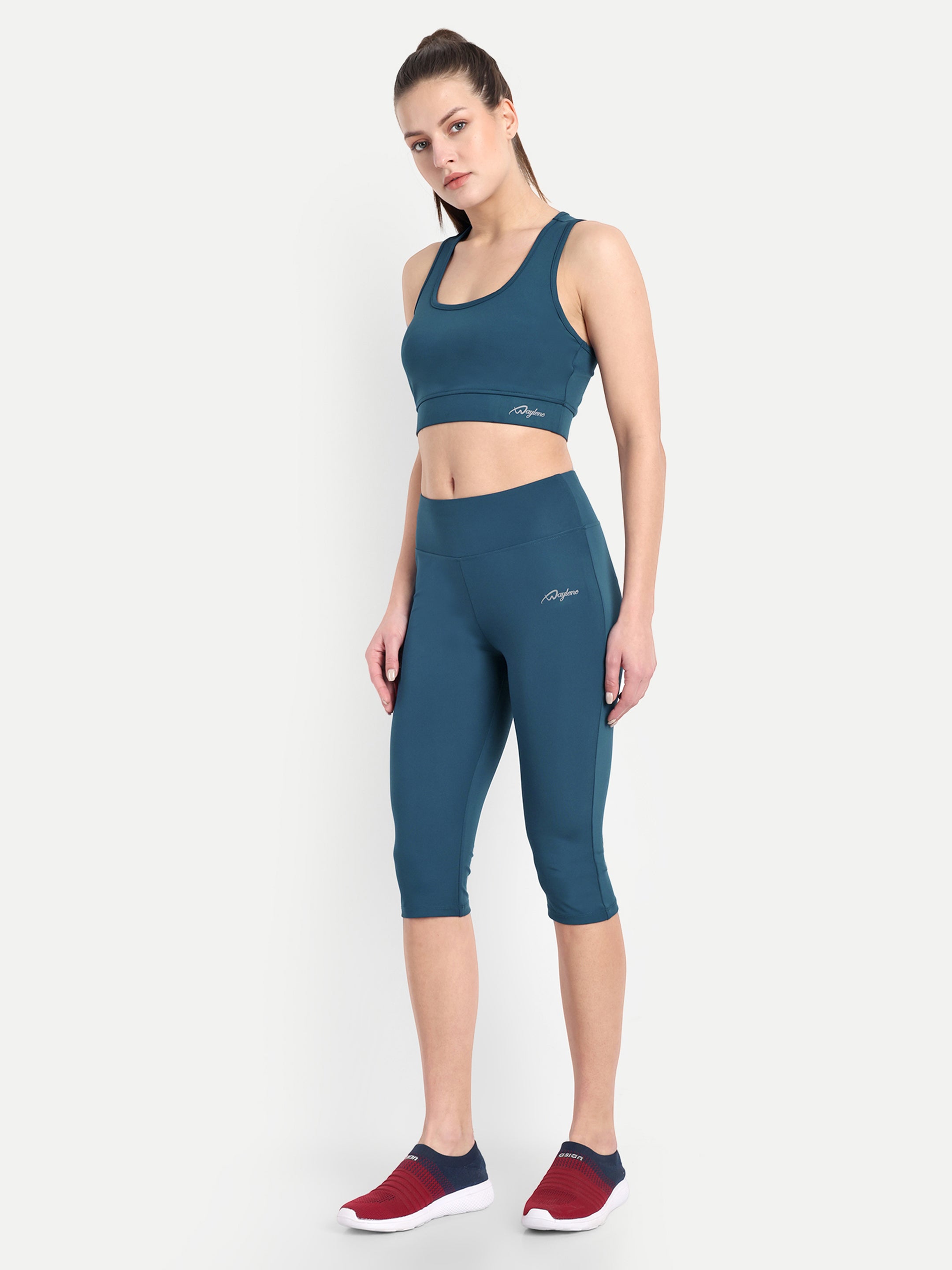 Women Track Suit Set of Capri Tights and Sports Bra(Teal Blue) - Waylene