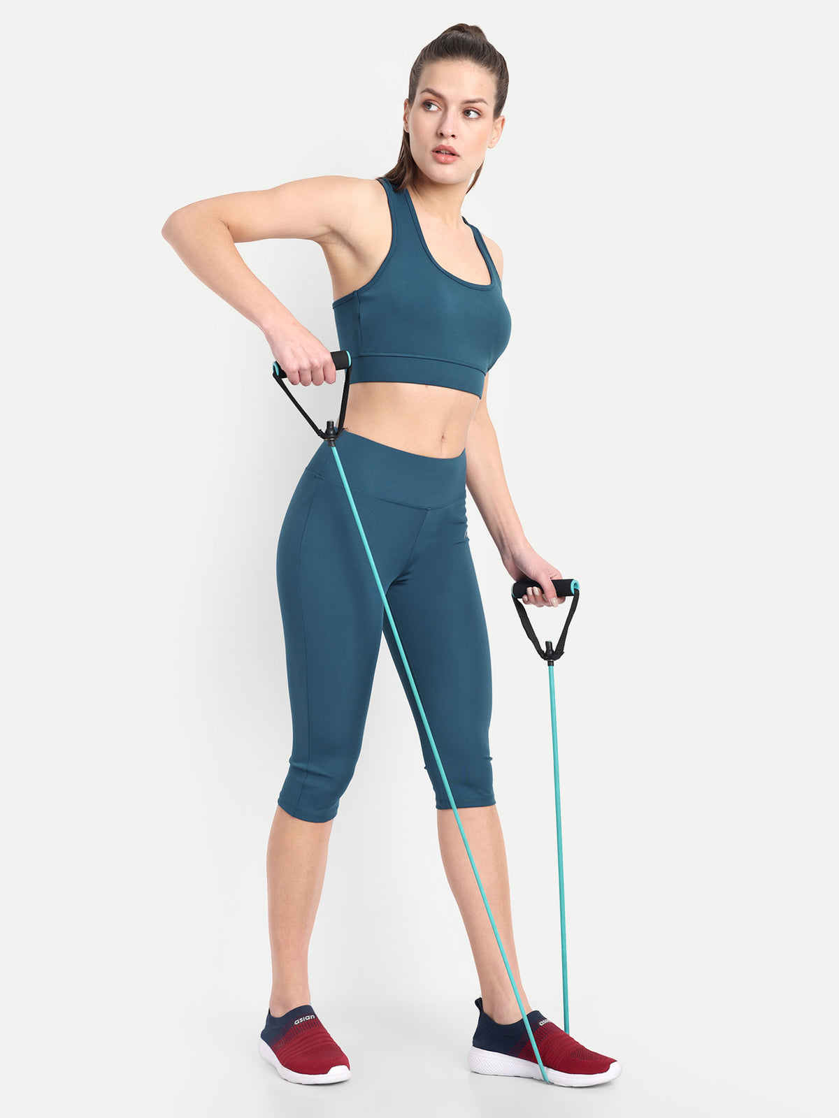 Women Track Suit Set of Capri Tights and Sports Bra(Teal Blue) - Waylene