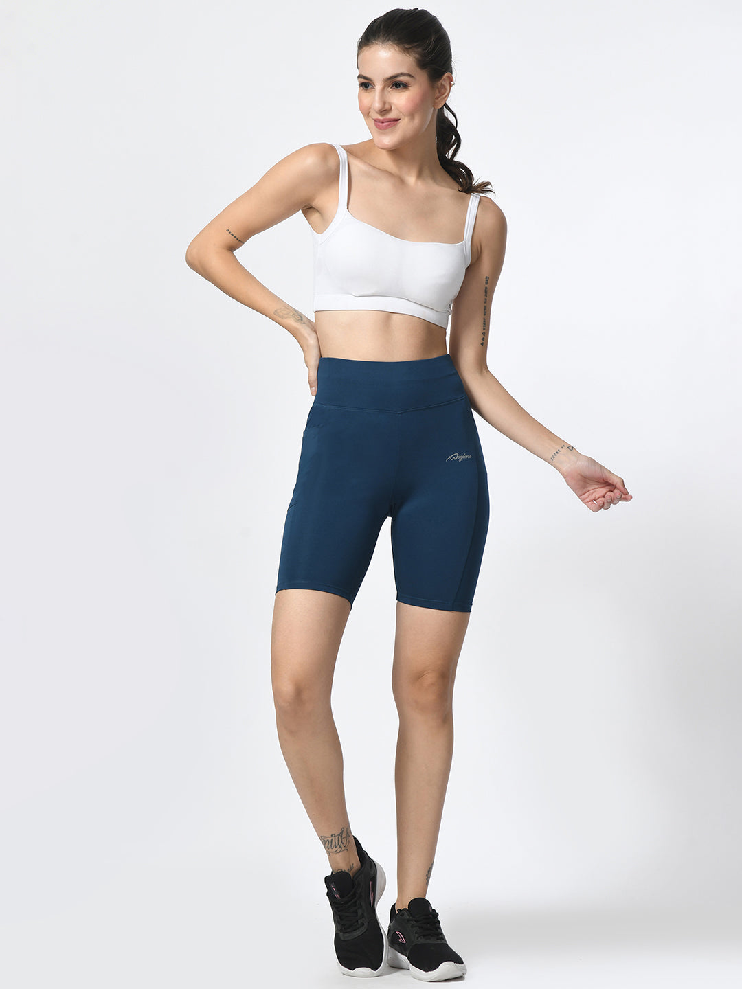 Waylene Teal Blue Shorts for Women, featuring high-waist and moisture-wicking fabric for active use.
