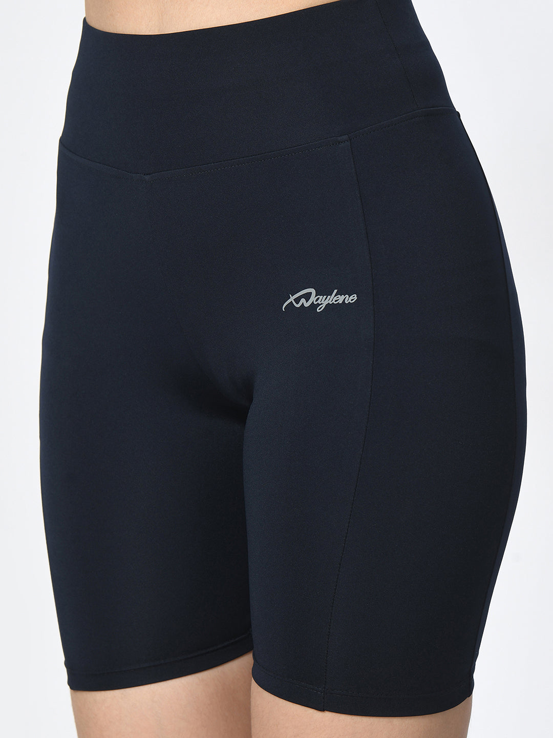 Close-up of Waylene Navy Blue Shorts with logo and smooth fabric