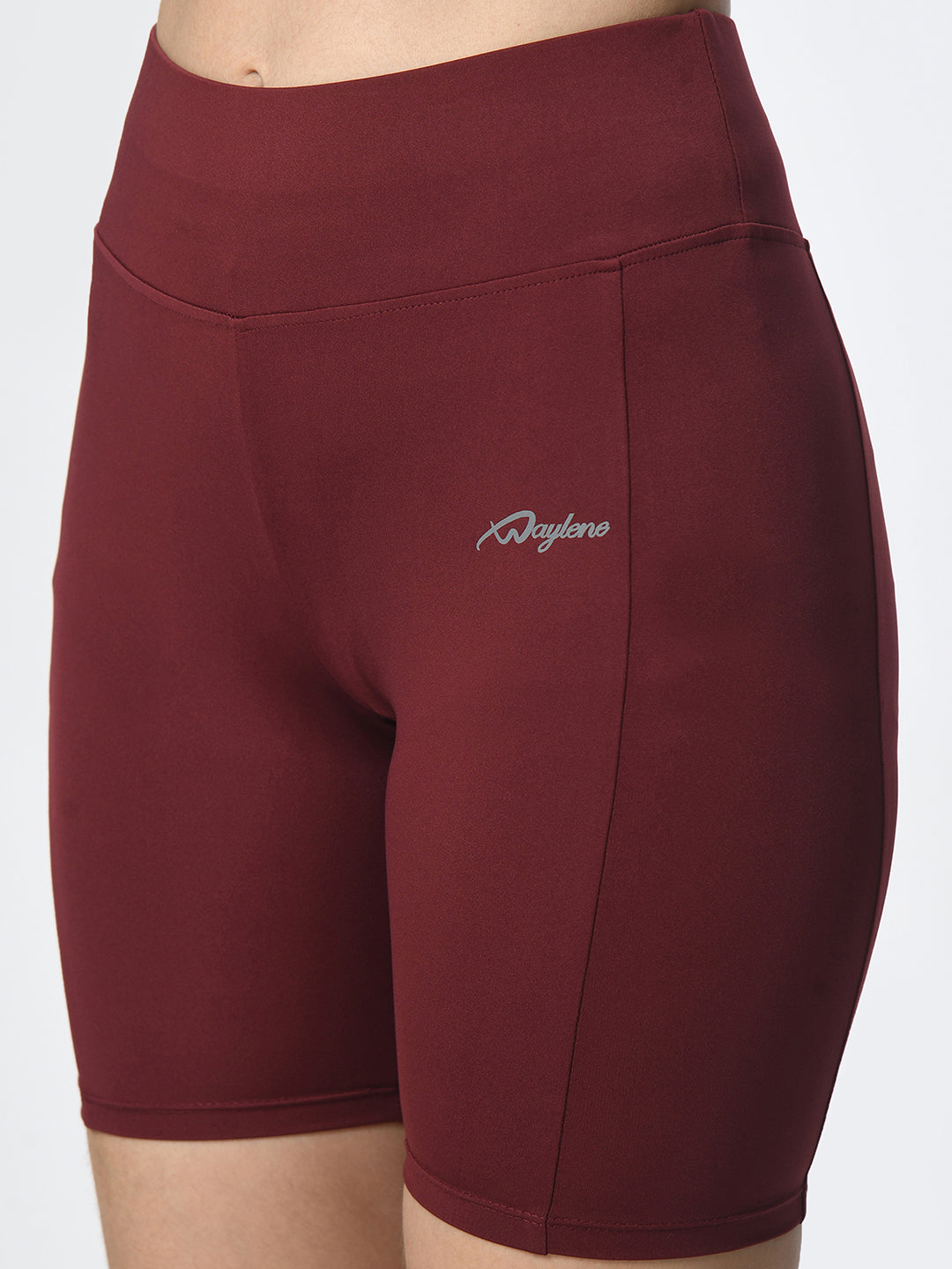 Close-up of 4-way stretch, breathable fabric of Waylene wine shorts