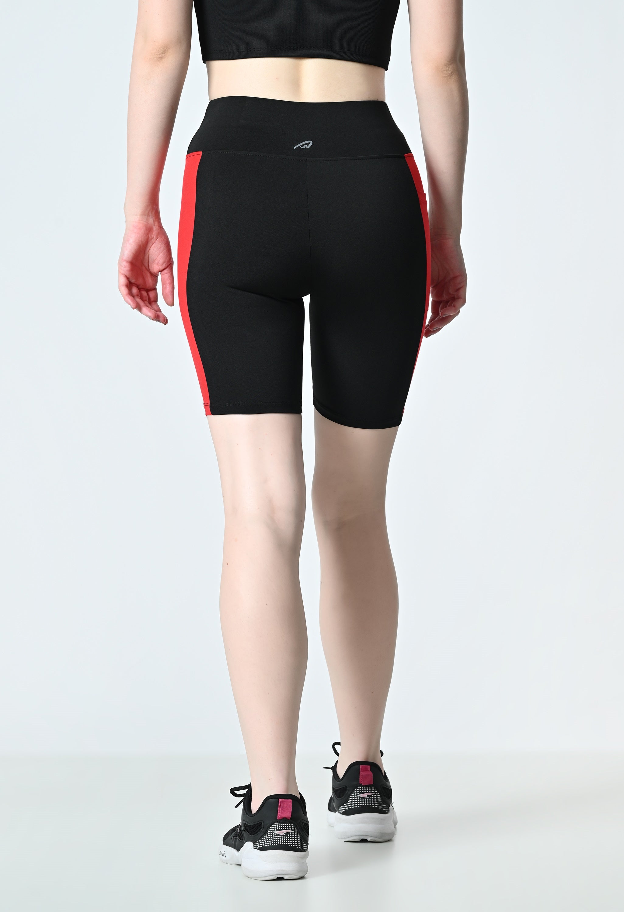 Waylene Black and Red Colour Block Women's Gym Shorts, high-performance dry-fit, back view