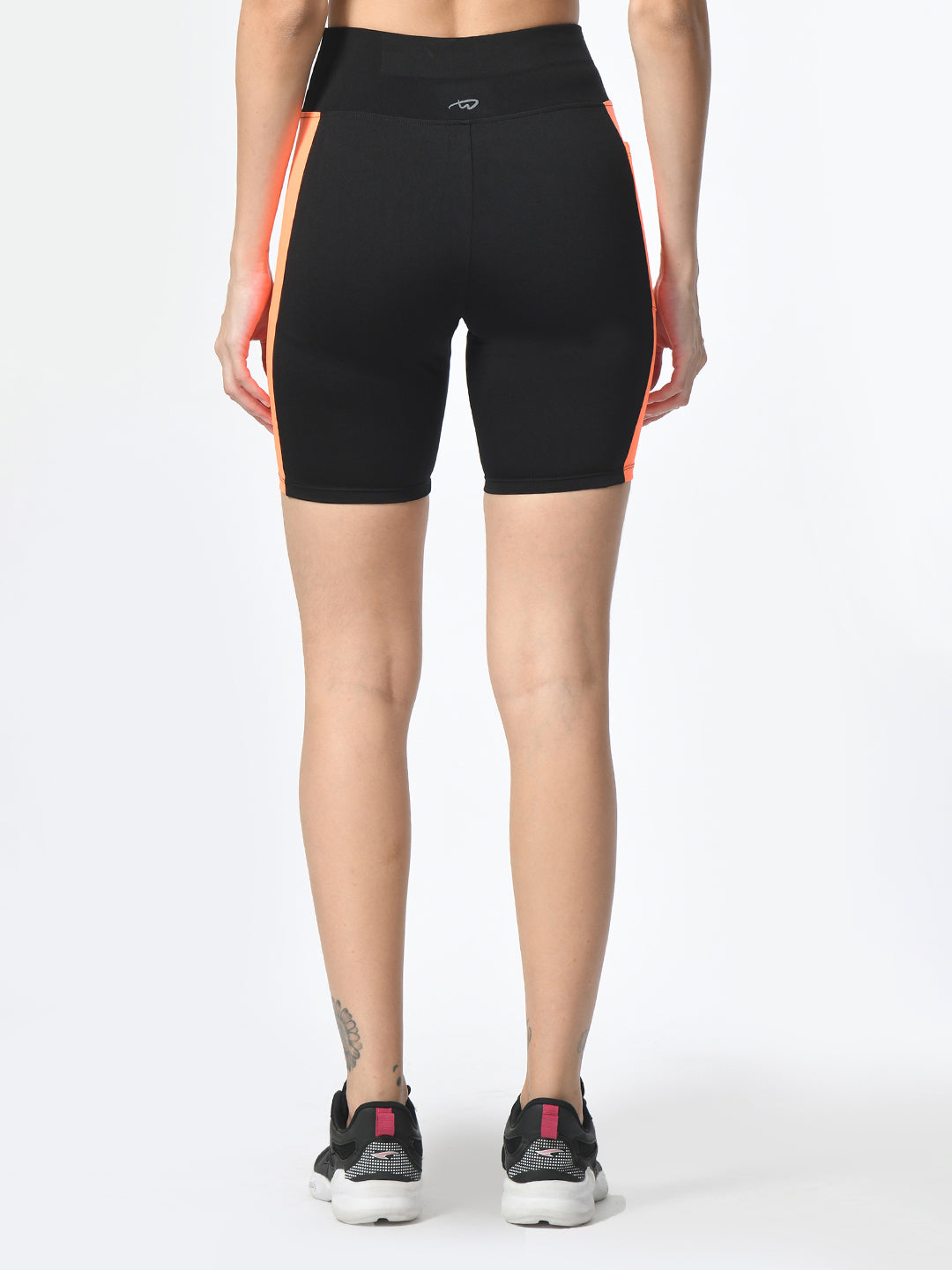 Waylene black and orange colorblock high-performance shorts for women, back view