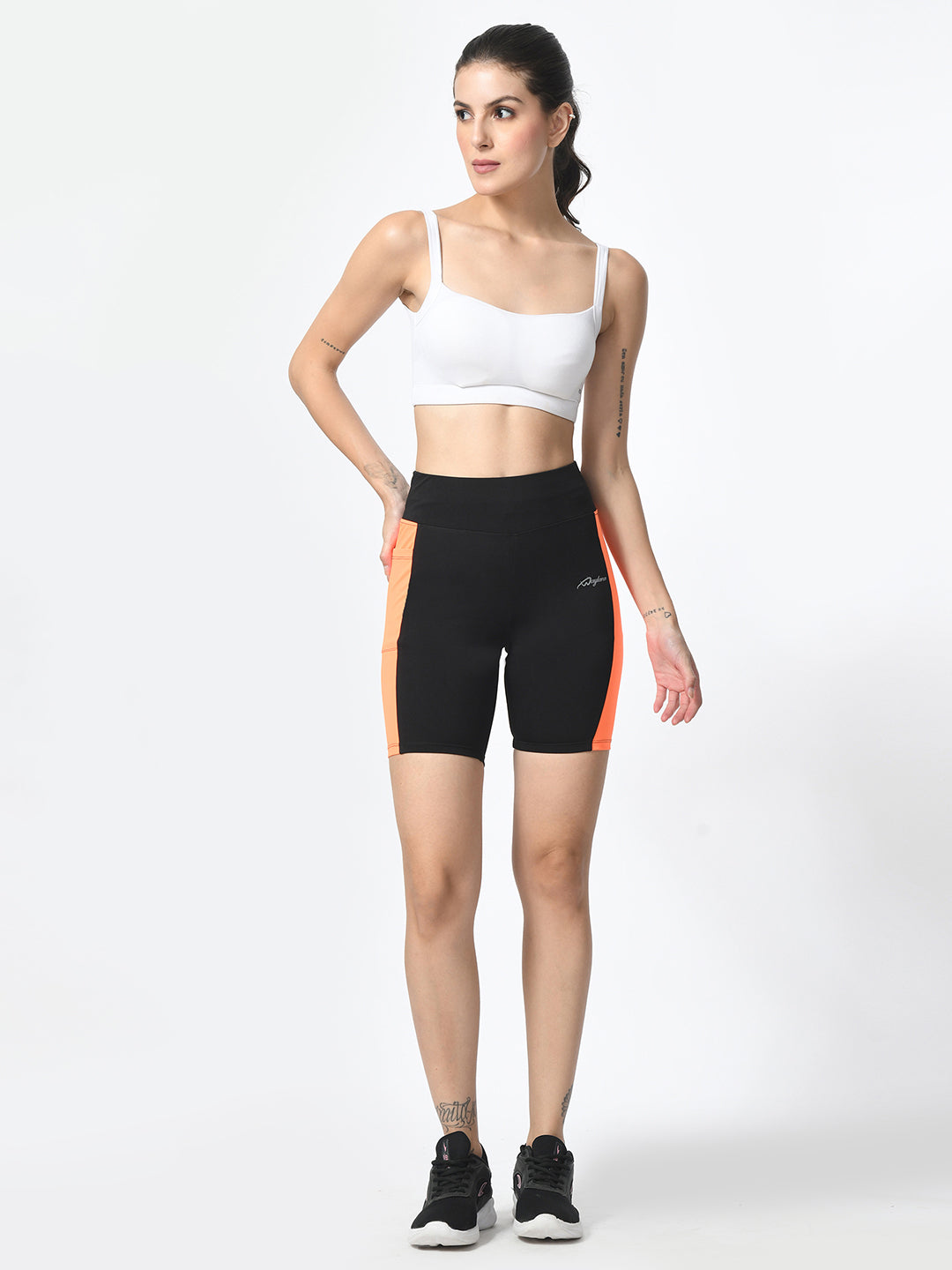 Woman running shorts, Waylene black and orange colorblock shorts, style view